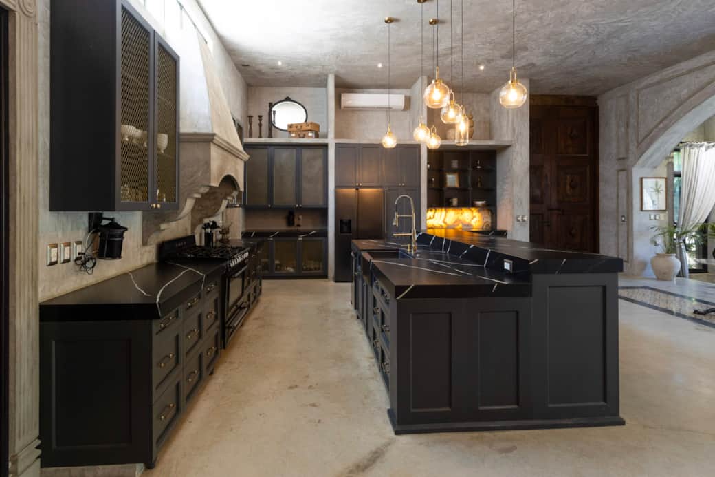 Beautiful black countertops with plenty of space and storage
