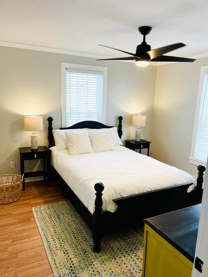 Dreamscape bedroom with farmhouse bed with queen mattress, full closet, and whimsical dresser.  Dreamscape bedroom with farmhouse bed with queen mattress, full closet, and whimsical dresser.