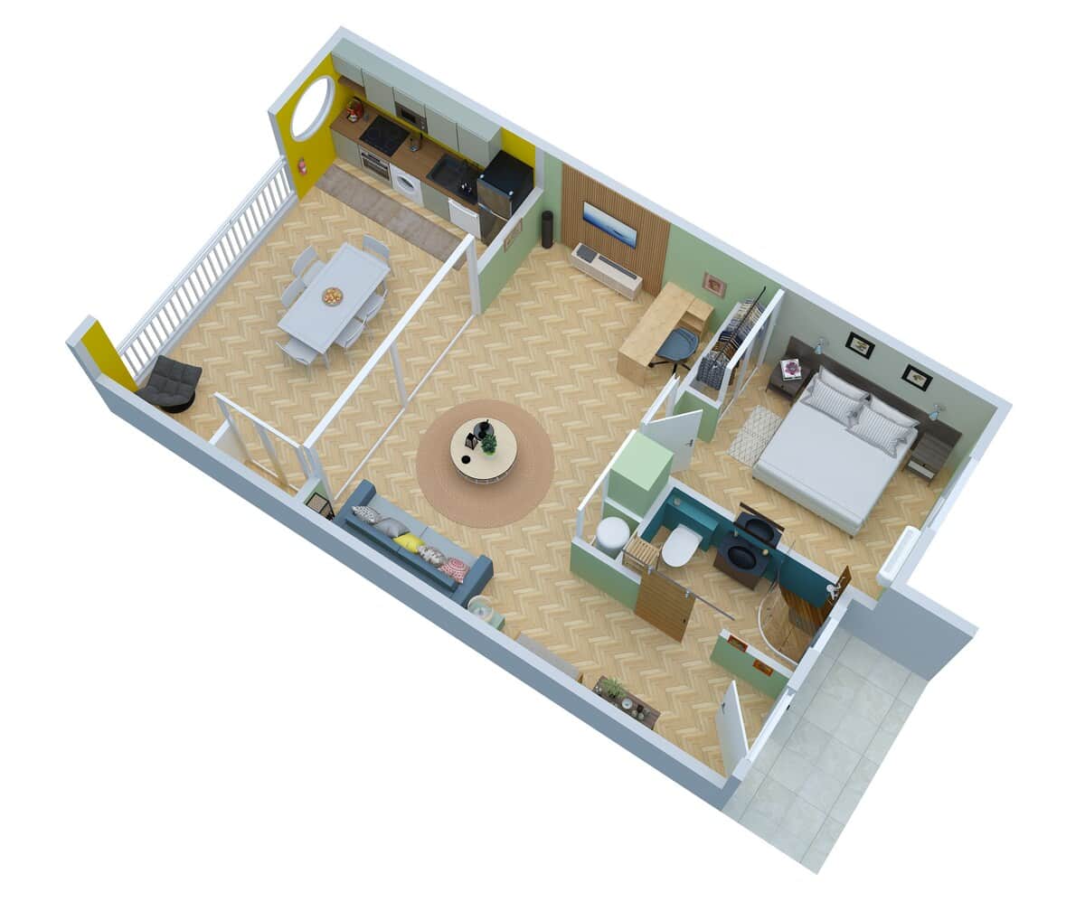 Plan 3D de l’appartement : vue d’ensemble (1/2).