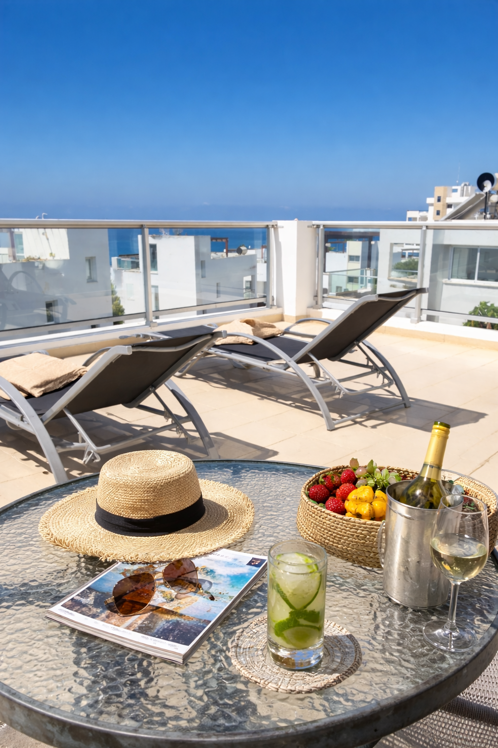 Sunny terrace with mojito and ocean view