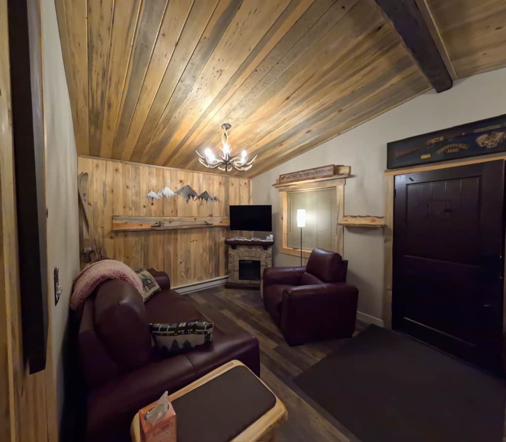 Cabin living room from kitchen