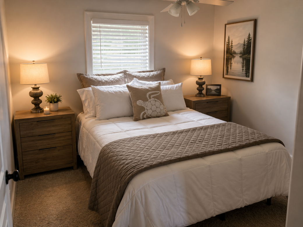 Relax and recharge in this inviting bedroom with upscale lakehouse charm