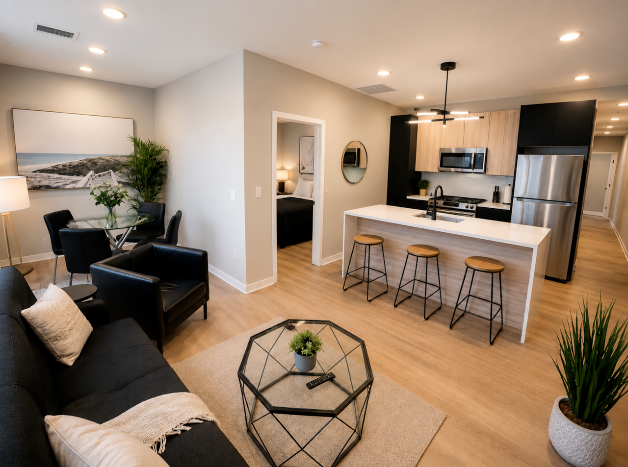 Modern living room with a comfortable futon sofa bed, large flatscreen TV, stylish seating, and an open-concept layout. Perfect for relaxing after a day exploring the city, with a fully equipped kitchen and comfortable space for families or groups