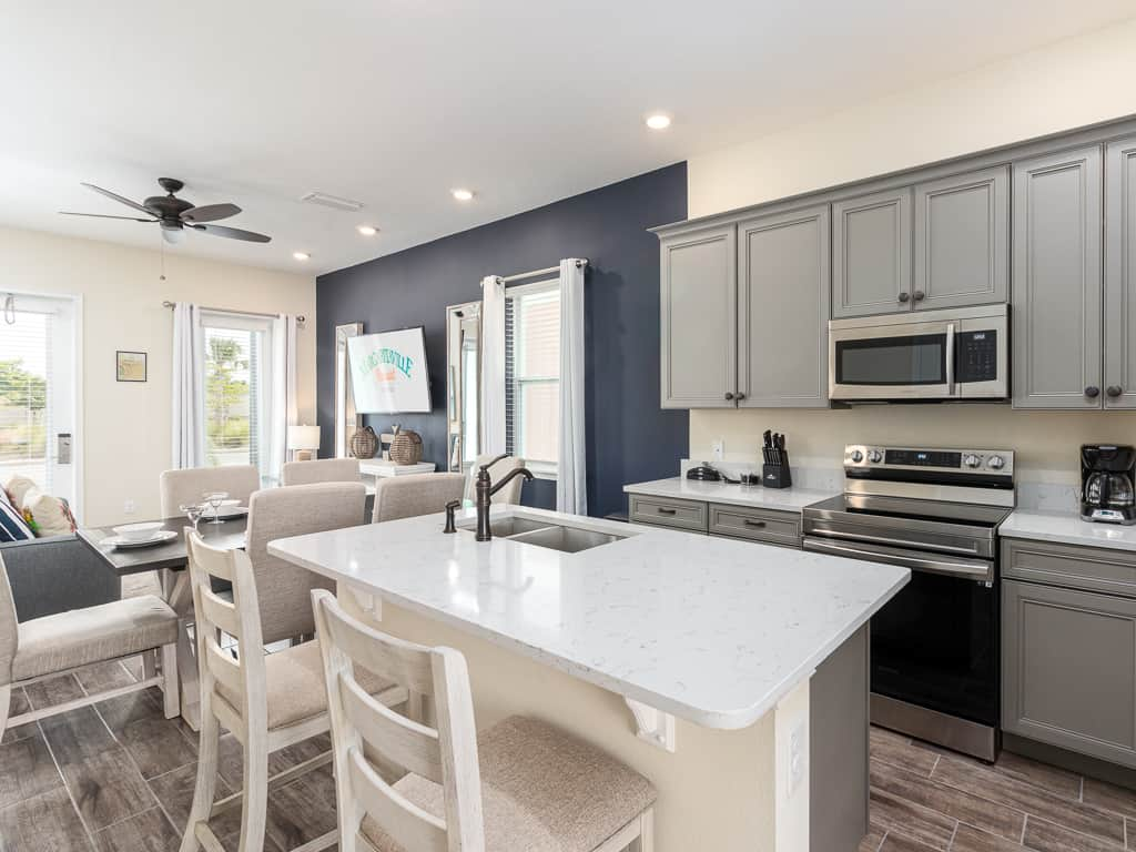 The kitchen, dining area and living room.