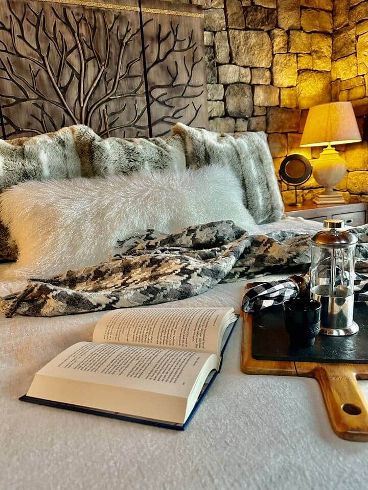Cozy bedding while reading a book