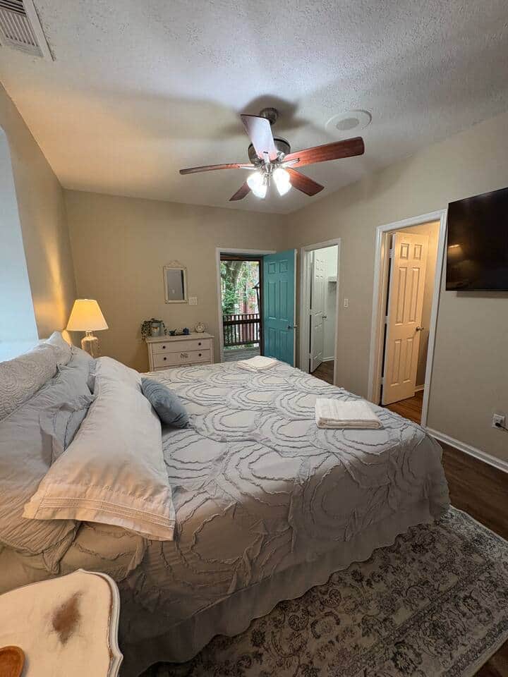 Welcome to the Master Suite…featuring a luxury memory foam King bed, TV, WIC, private Bath, and your own private Balcony!