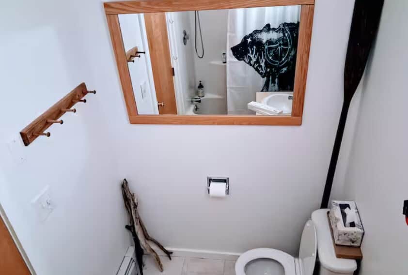 Clean 1st floor en-suite full bathroom with ceiling fan. Curved shower bar for space, large shower head with detachable wand.