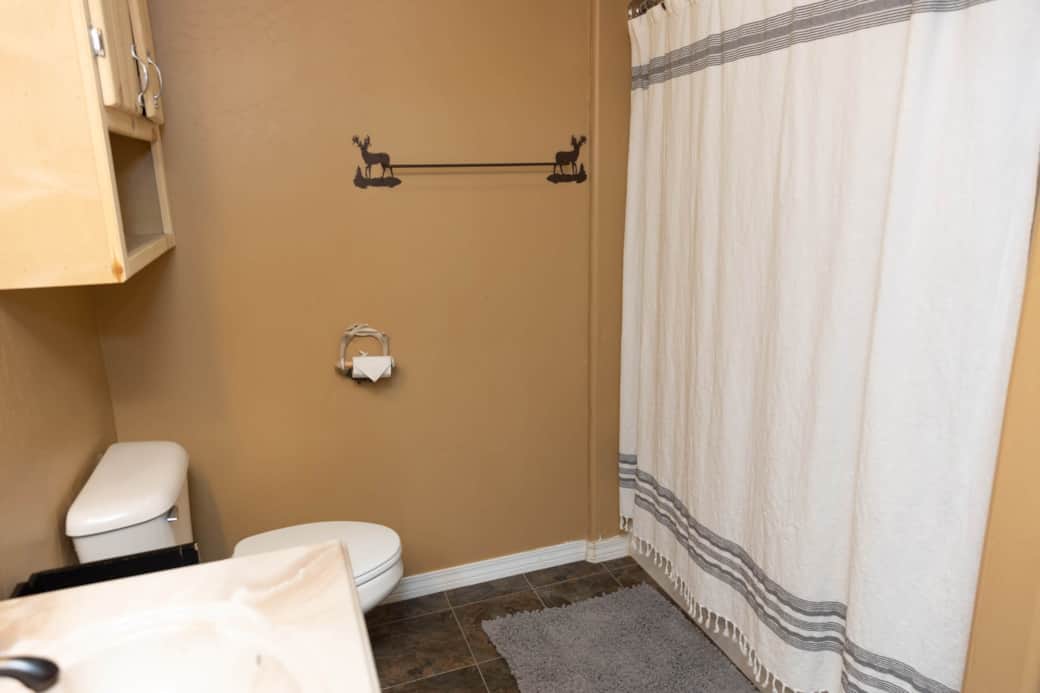 Second bathroom with tub/shower, toilet, and double vanity.