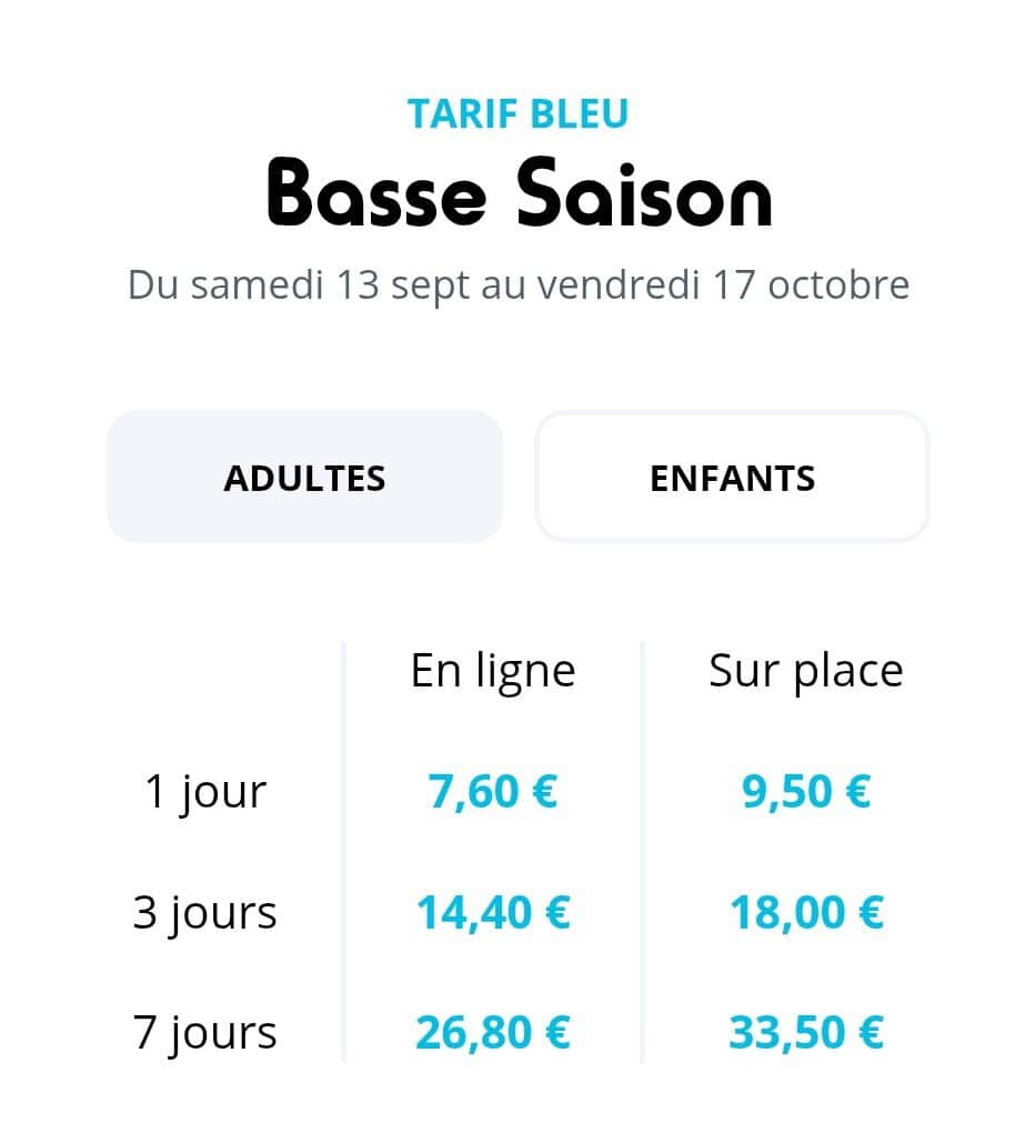Tarif Fun pass adulte basse saison