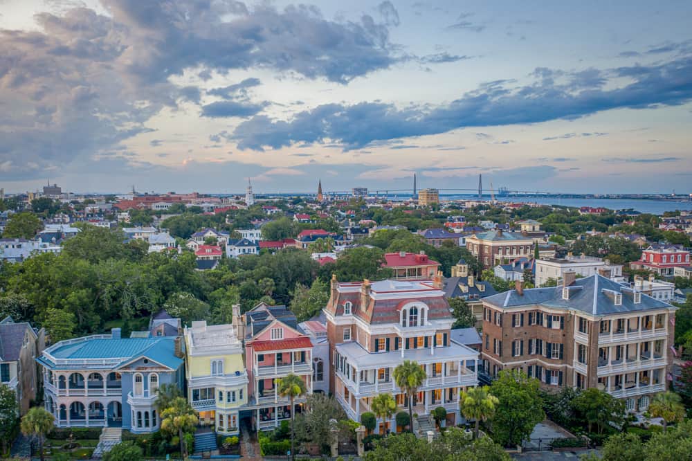 Overhead view of downtown Charleston with blue skies and buildings