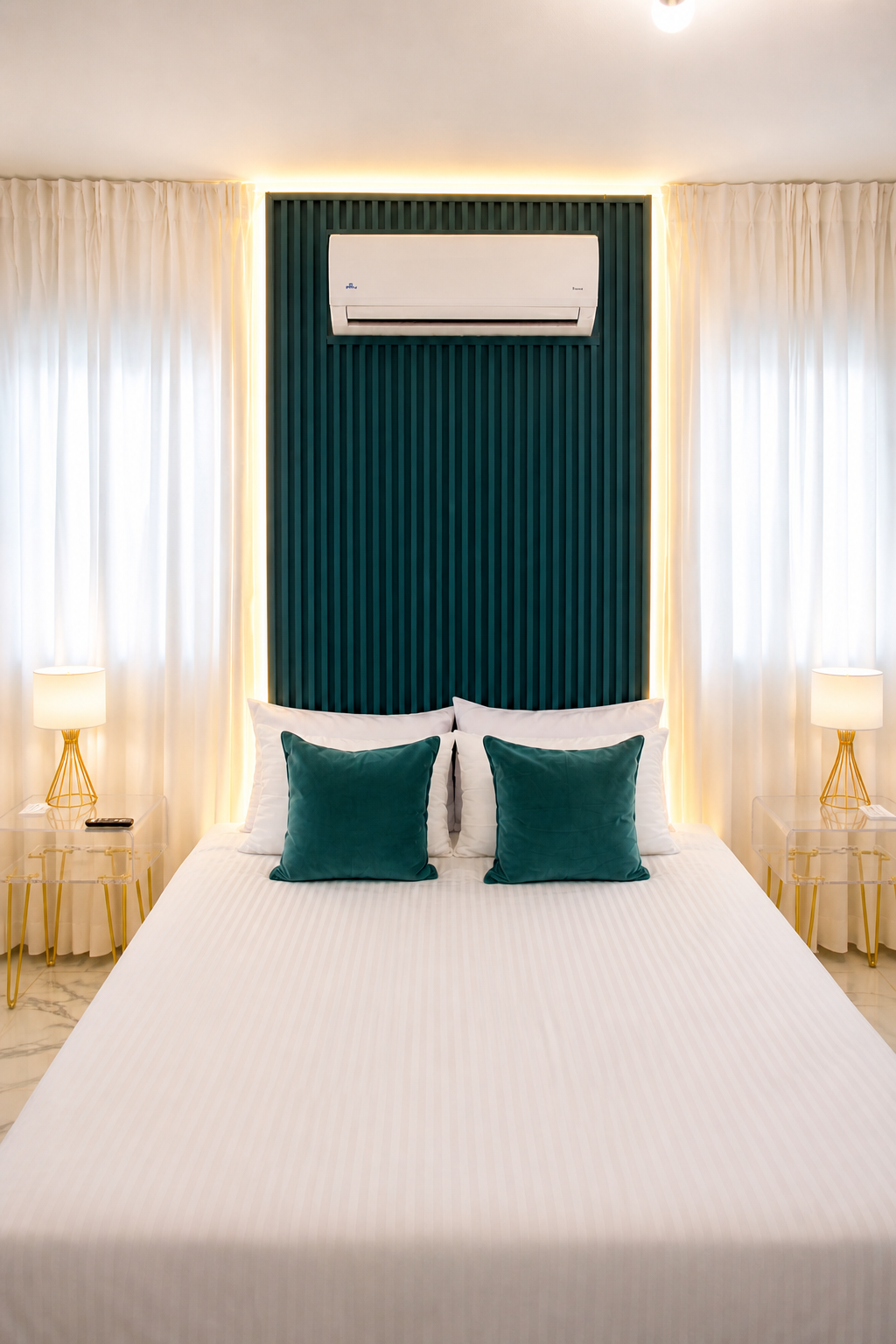 Elegant bedroom with queen bed, teal accents, ambient lighting, white curtains, and AC.