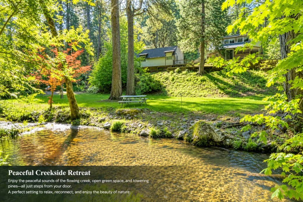 Peaceful creekside setting surrounded by towering pine trees, open green space, and the soothing sounds of flowing water just steps from the cabin. Peaceful creekside setting surrounded by towering pine trees, open green space, and the soothing sounds of flowing water just steps from the cabin.
