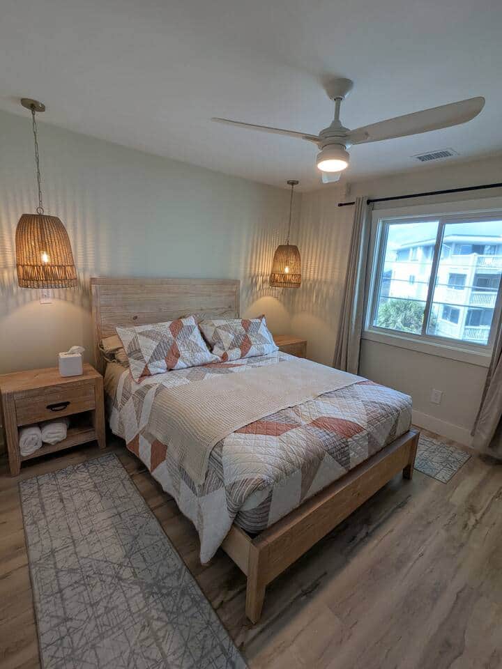 Comfortable Queen bed with an end table and personal lighting for each side of the bed. Closet space, as well as a dresser of drawers for your items. 