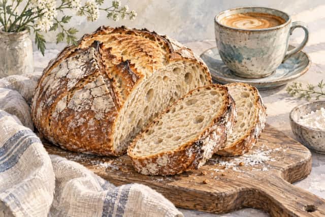 Watercolour illustration of artisan sourdough bread and coffee