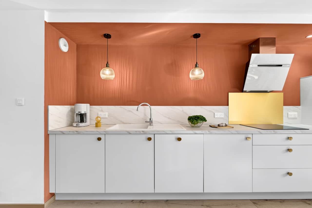 Cuisine équipée : plaques induction, four, micro-ondes et grand plan de travail.