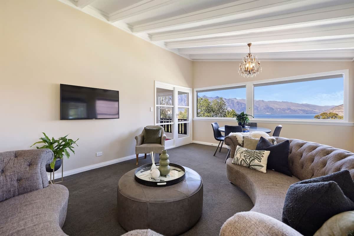 Open plan living with Lake Wakatipu views at Walk to Town 41A Alpine Chalet Queenstown