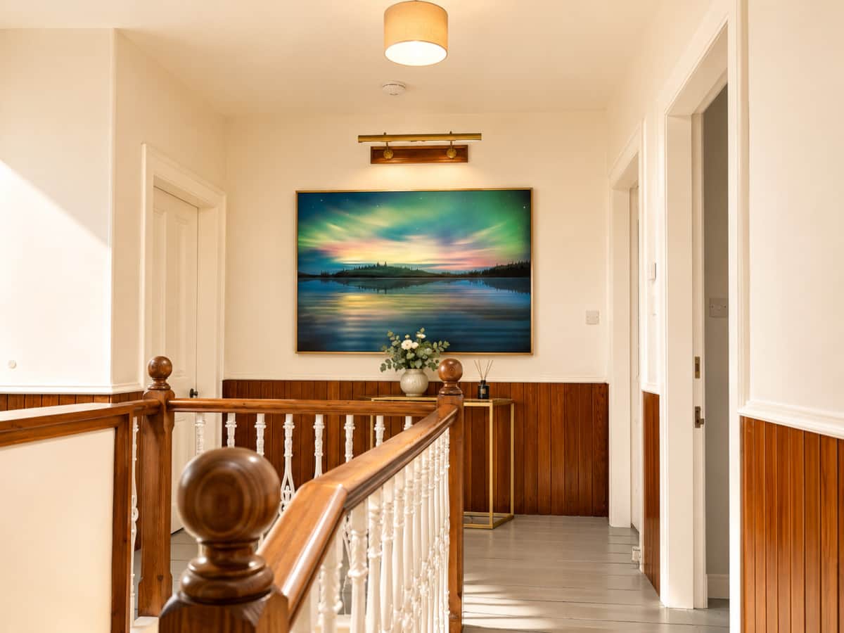 Landing with a turned balustrade, wood panelling and a Northern Lights painting.