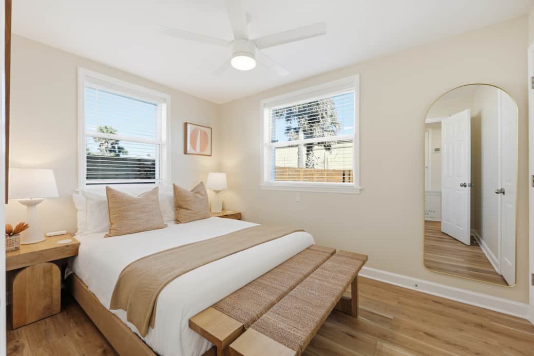 Enjoy your Queen sized bed, ceiling fan, and closet