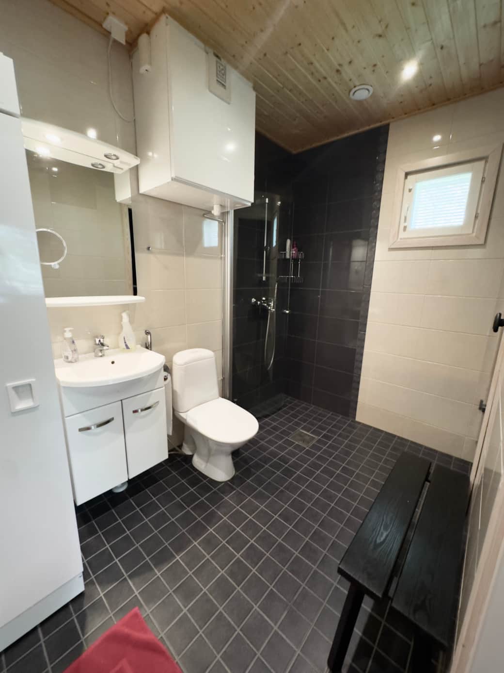 Bathroom with clothes drying cabinet and entrance to sauna. Bathroom with clothes drying cabinet and entrance to sauna.