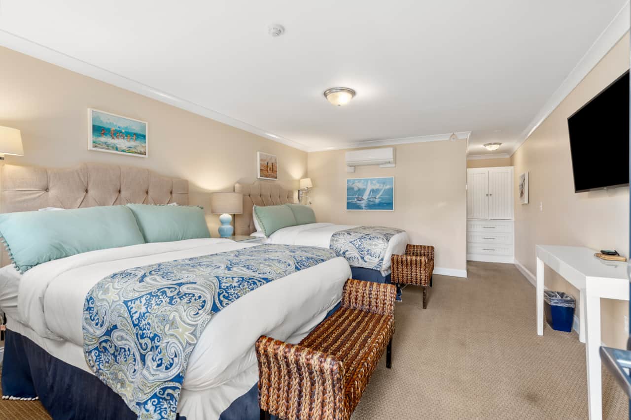 Two queen beds, cable TV, and mini split heating and cooling