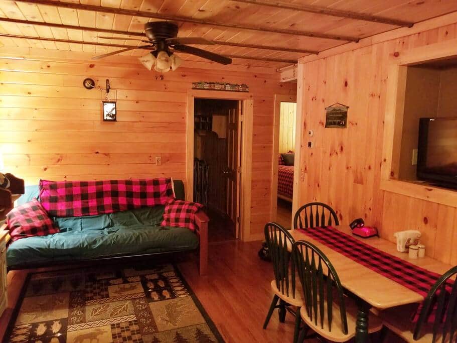 Cozy, rustic interior is comfortable for a couple or small family.