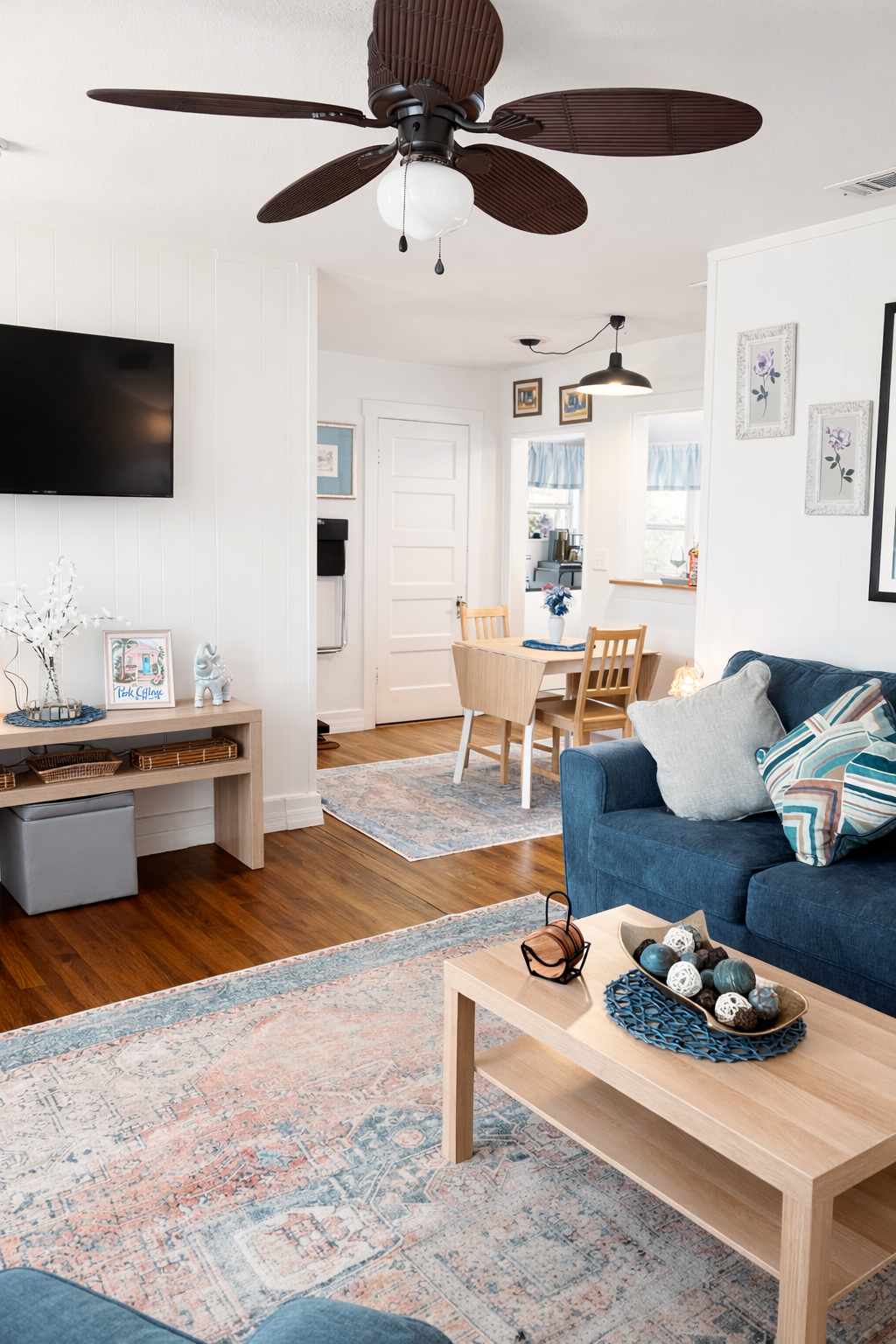 Comfortable living room with seamless flow into the dining space, 