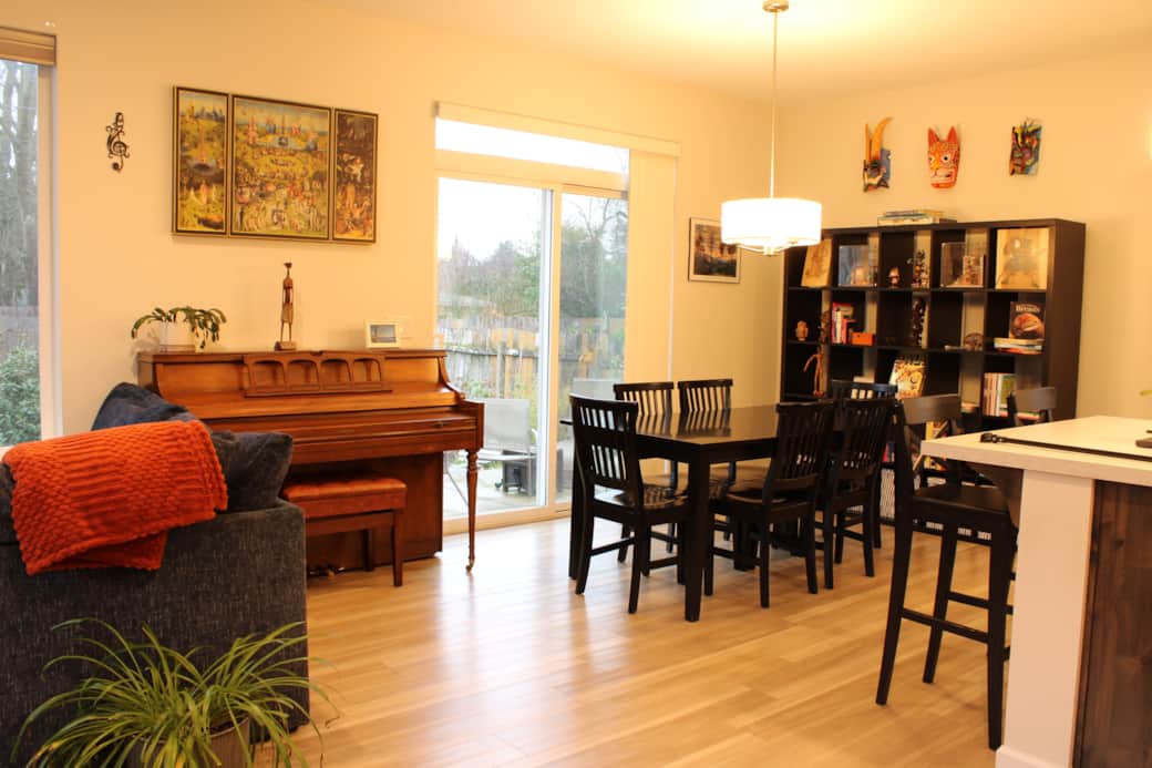 Share a meal at the 6-person dining table, or play a tune on our vintage upright piano—the cultural Share a meal at the 6-person dining table, or play a tune on our vintage upright piano—the cultural