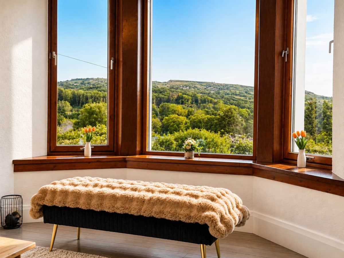 Cushioned bench in the living room's bay window.