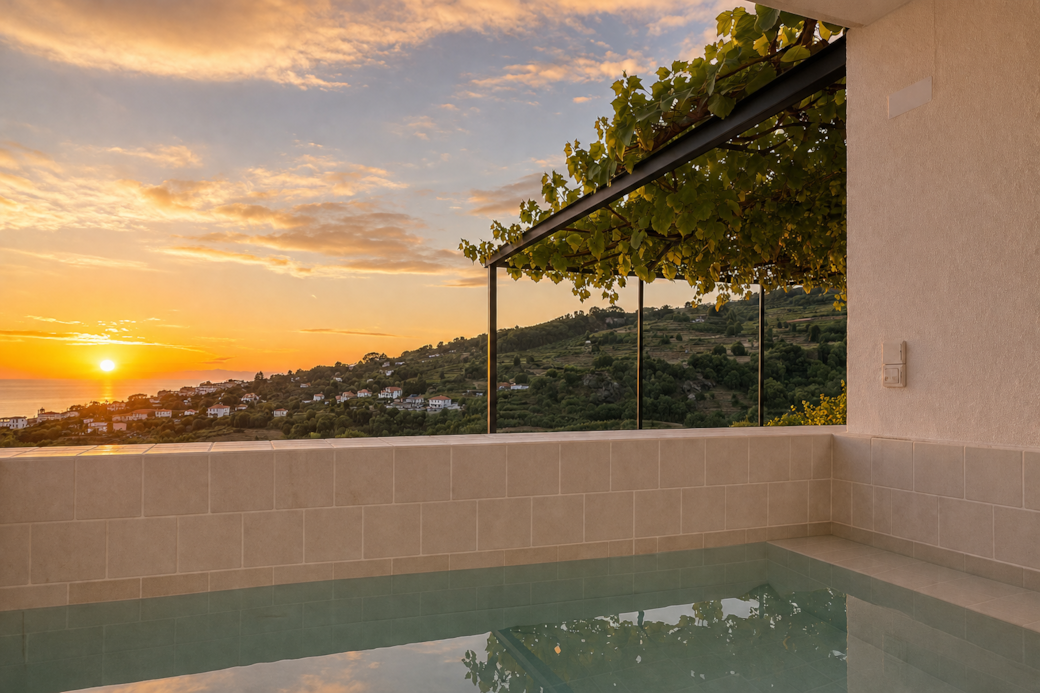 Zonsondergang buitenbad gastenverblijf Madeira Suite Vinha