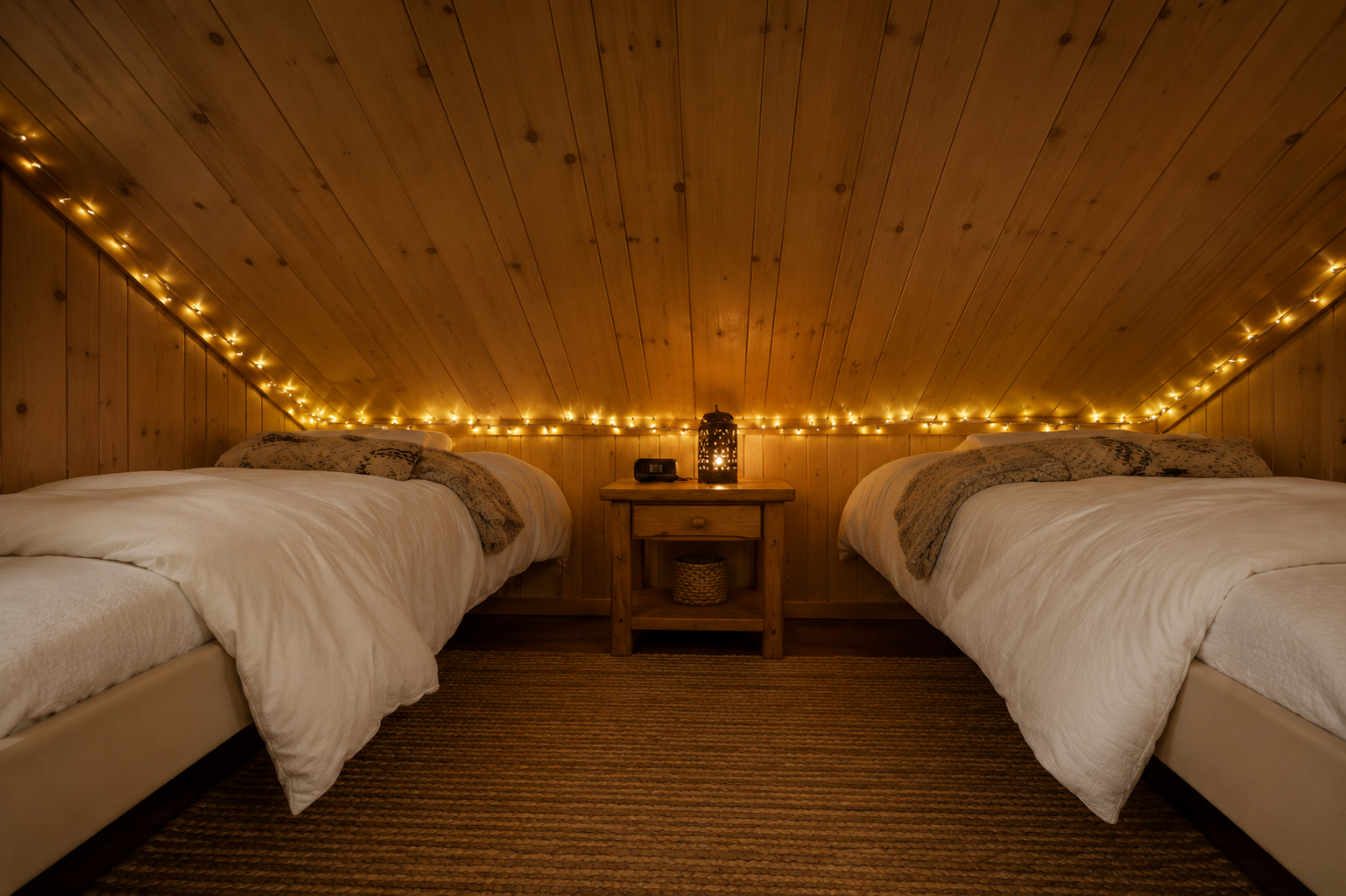 Loft sleeping area with twin beds in mountain cabin
