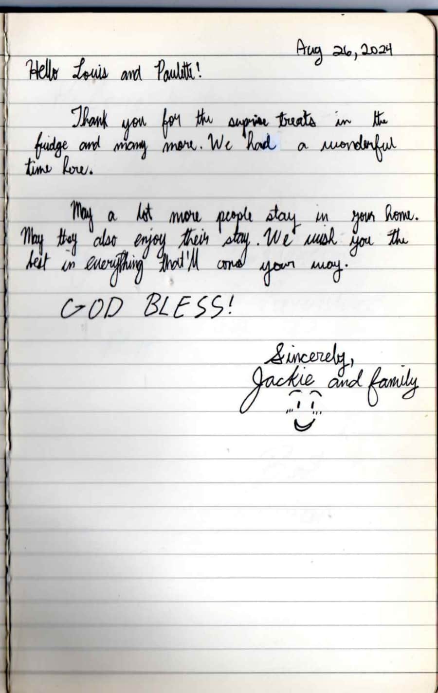 Handwritten guest note from Raya P09 guest book