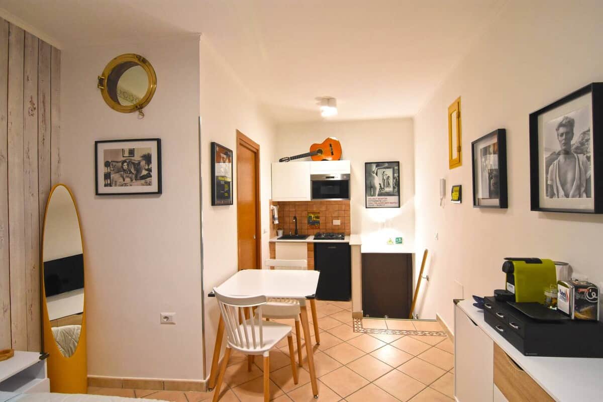 Bright open-plan apartment with a cosy living area and fully equipped kitchen.