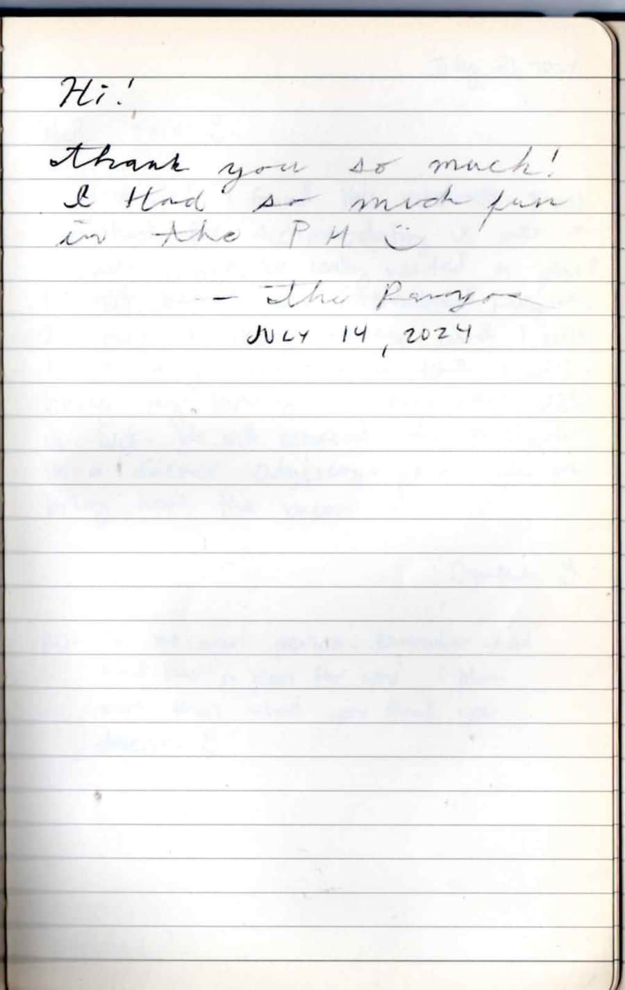 Handwritten guest note from Raya P09 guest book
