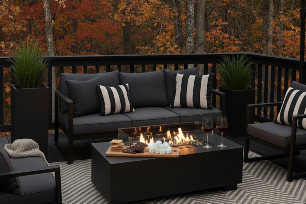 Propane fire pit turns the deck into a cozy retreat. Ideal for late-night conversations, stargazing
