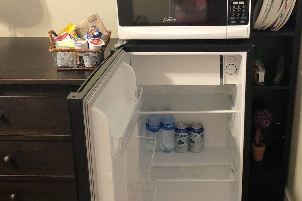 Larger fridge than most hotels. There is a small freezer compartment. Larger fridge than most hotels. There is a small freezer compartment.