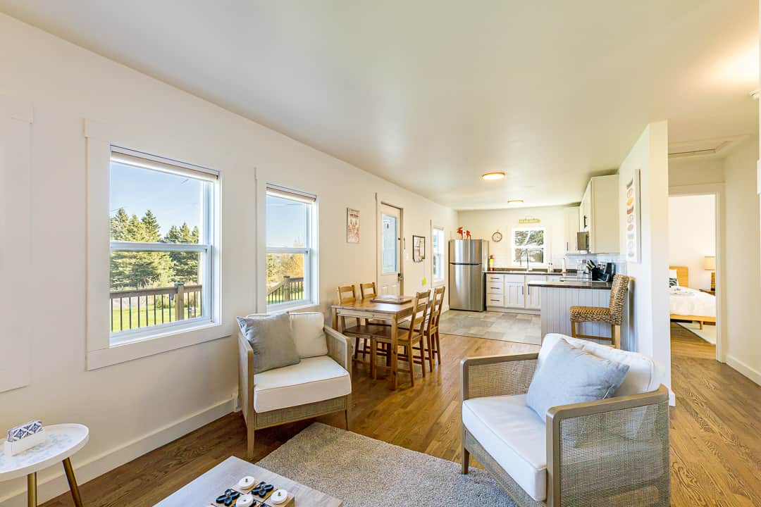 Open-concept living and dining area flowing into the kitchen