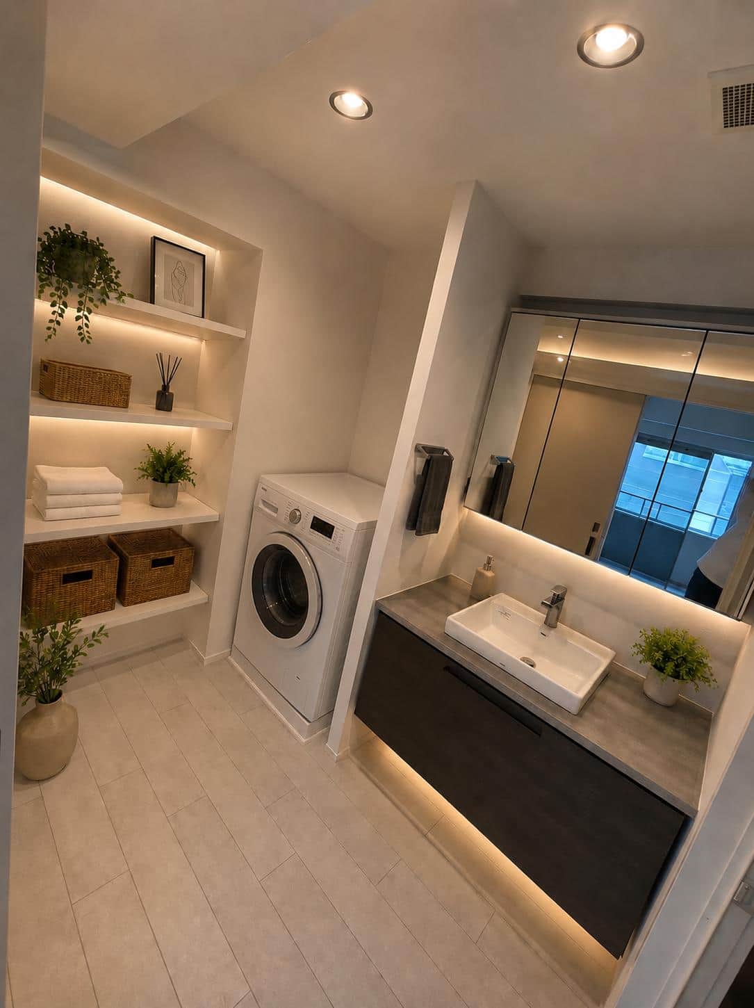 Modern vanity, washing machine and generous storage for longer stays. 