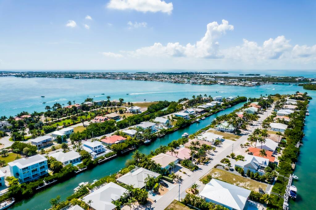 Aerial view of Key Colony Beach, Florida Keys, showing the canals and quiet streets