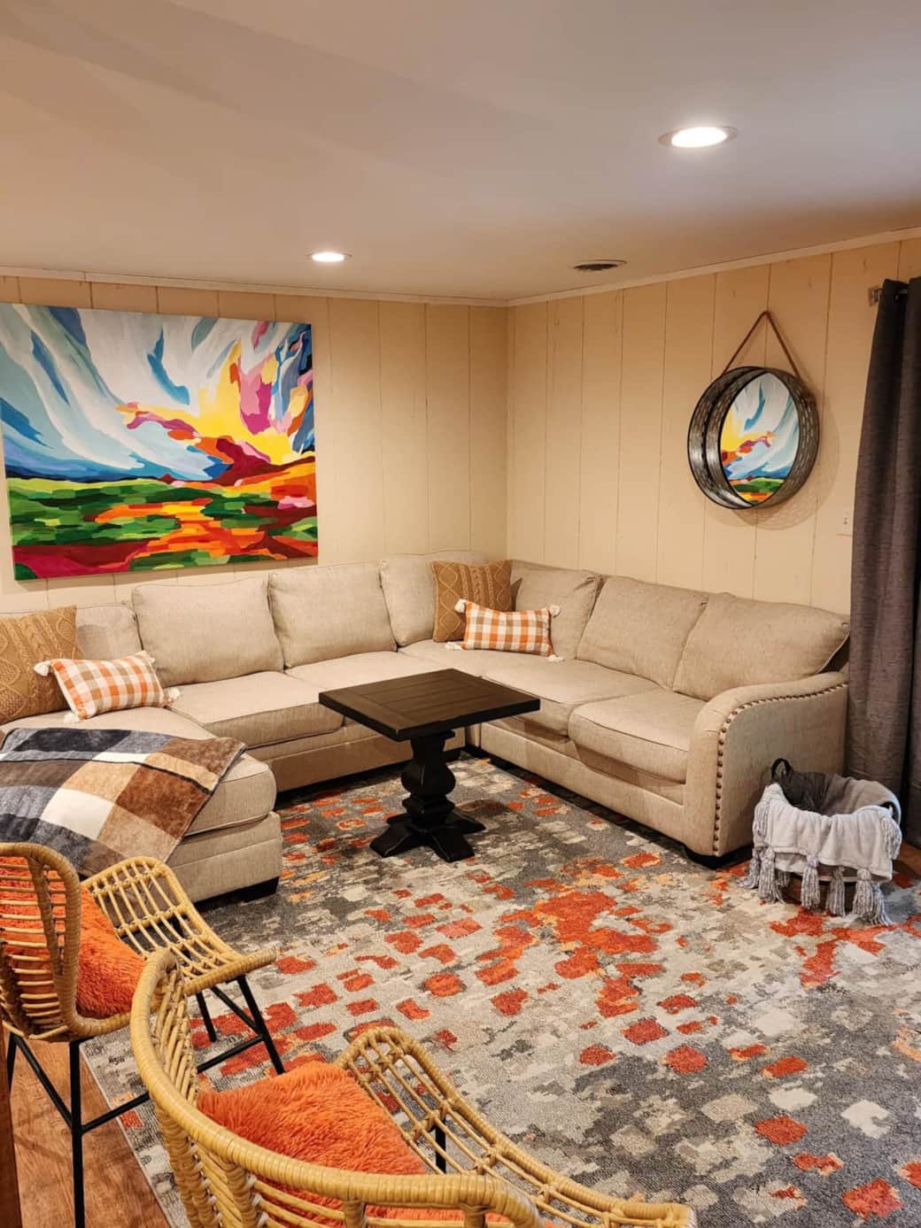 Cozy downstairs living space with sleeper sectional