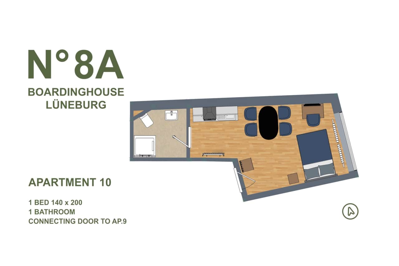 Großzügiger Grundriss mit eigenem Bad und Küche im N°8A Boardinghouse Lüneburg 