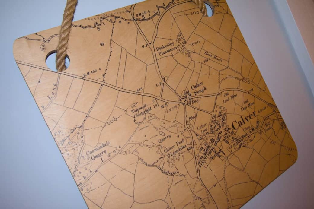 A unique wooden map showcasing the charming village of Calver, etched with historic detail and rustic character. A perfect touch of local heritage that connects your stay to the heart of the Peak District.