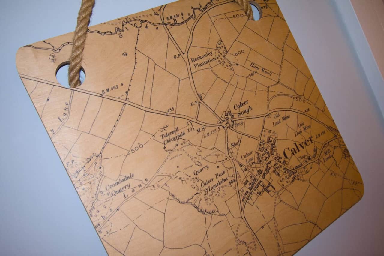 A unique wooden map showcasing the charming village of Calver, etched with historic detail and rustic character. A perfect touch of local heritage that connects your stay to the heart of the Peak District.