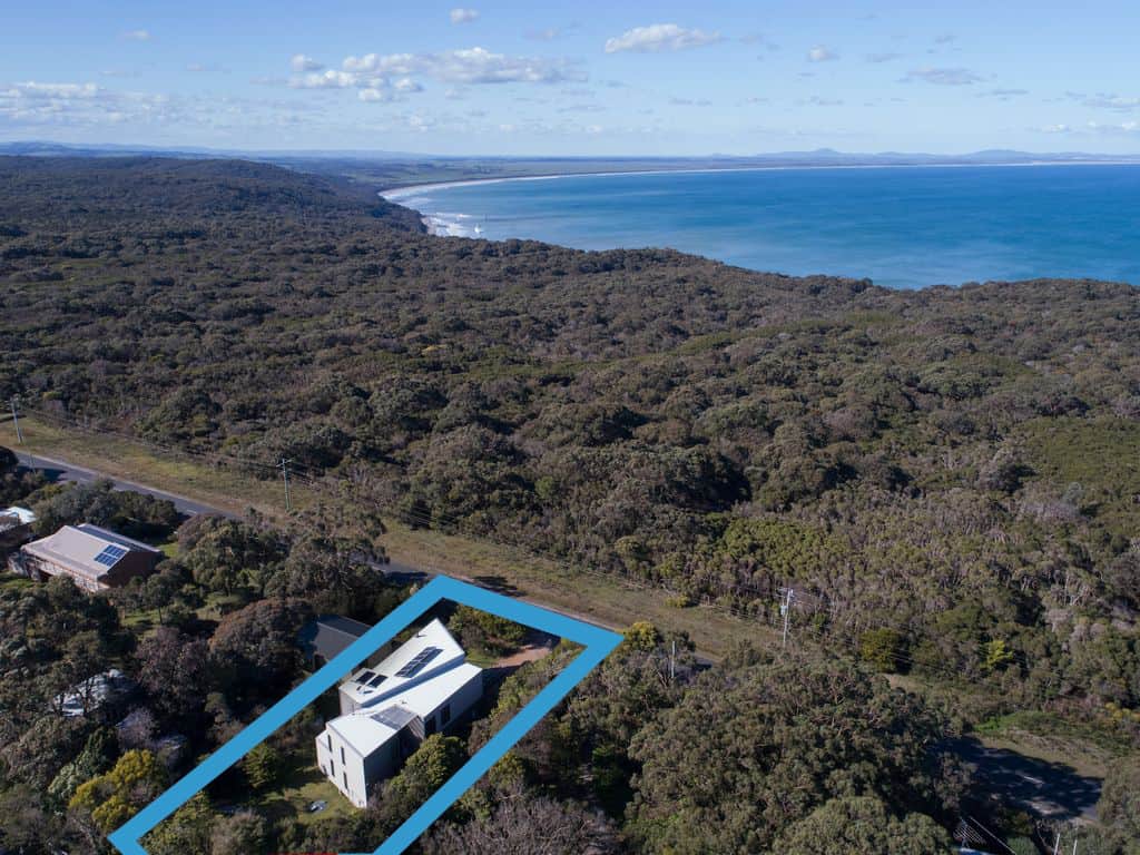 Shearwater aerial view, Walkerville North, perched above Waratah Bay toward Wilson's Promontory
