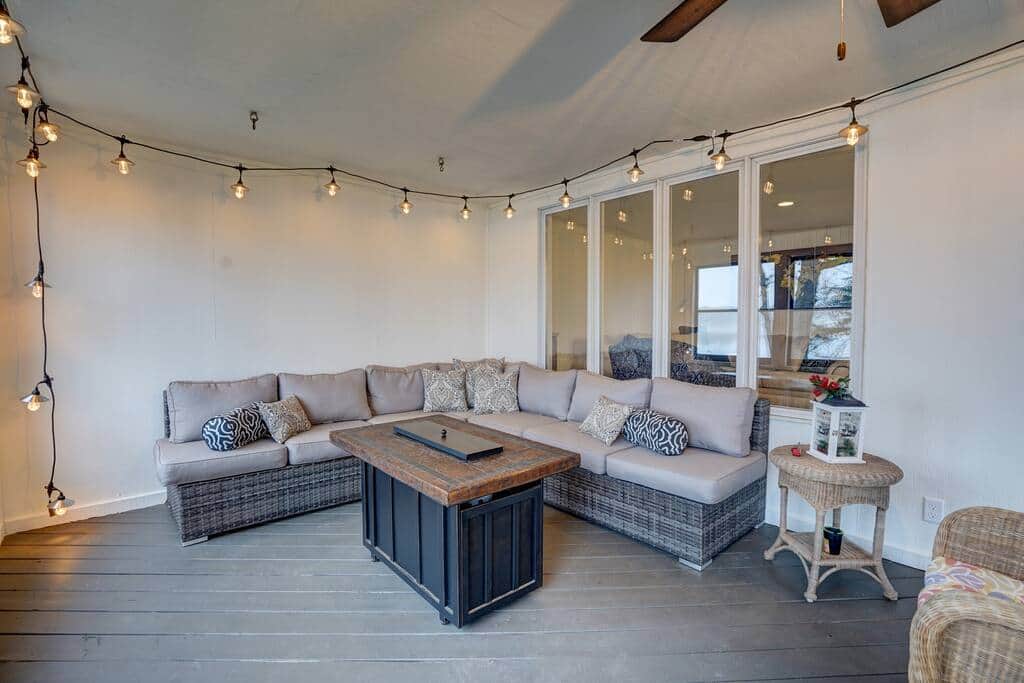 Fire table in screened in porch