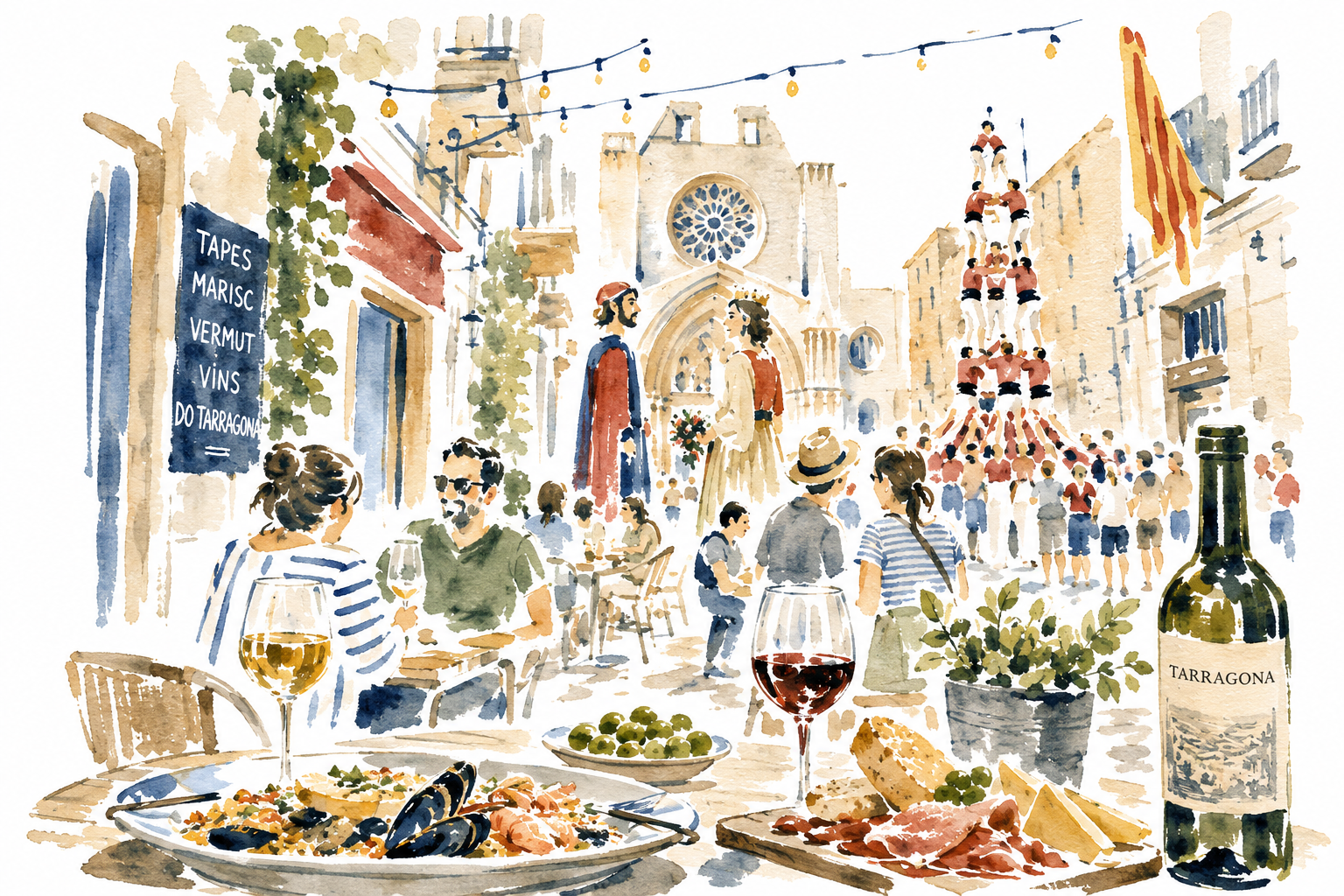 Watercolour illustration of Tarragona, its traditions and castells