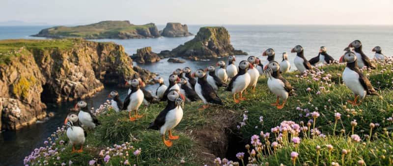 Puffins among grass and flowers above a rocky coast