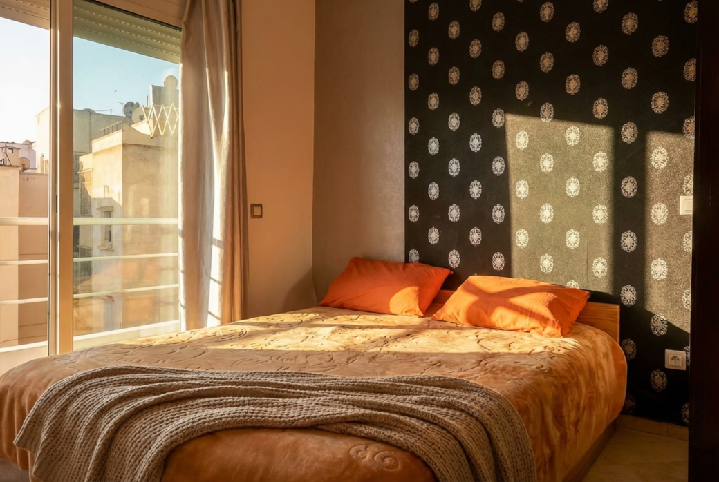 Bright Bedroom with Patterned Wall