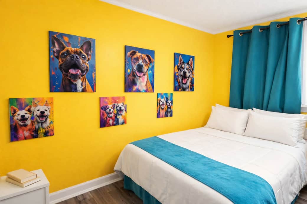 Comfortable bedroom with soft linens and blackout curtains for cozy, restful nights. Comfortable bedroom with soft linens and blackout curtains for cozy, restful nights.