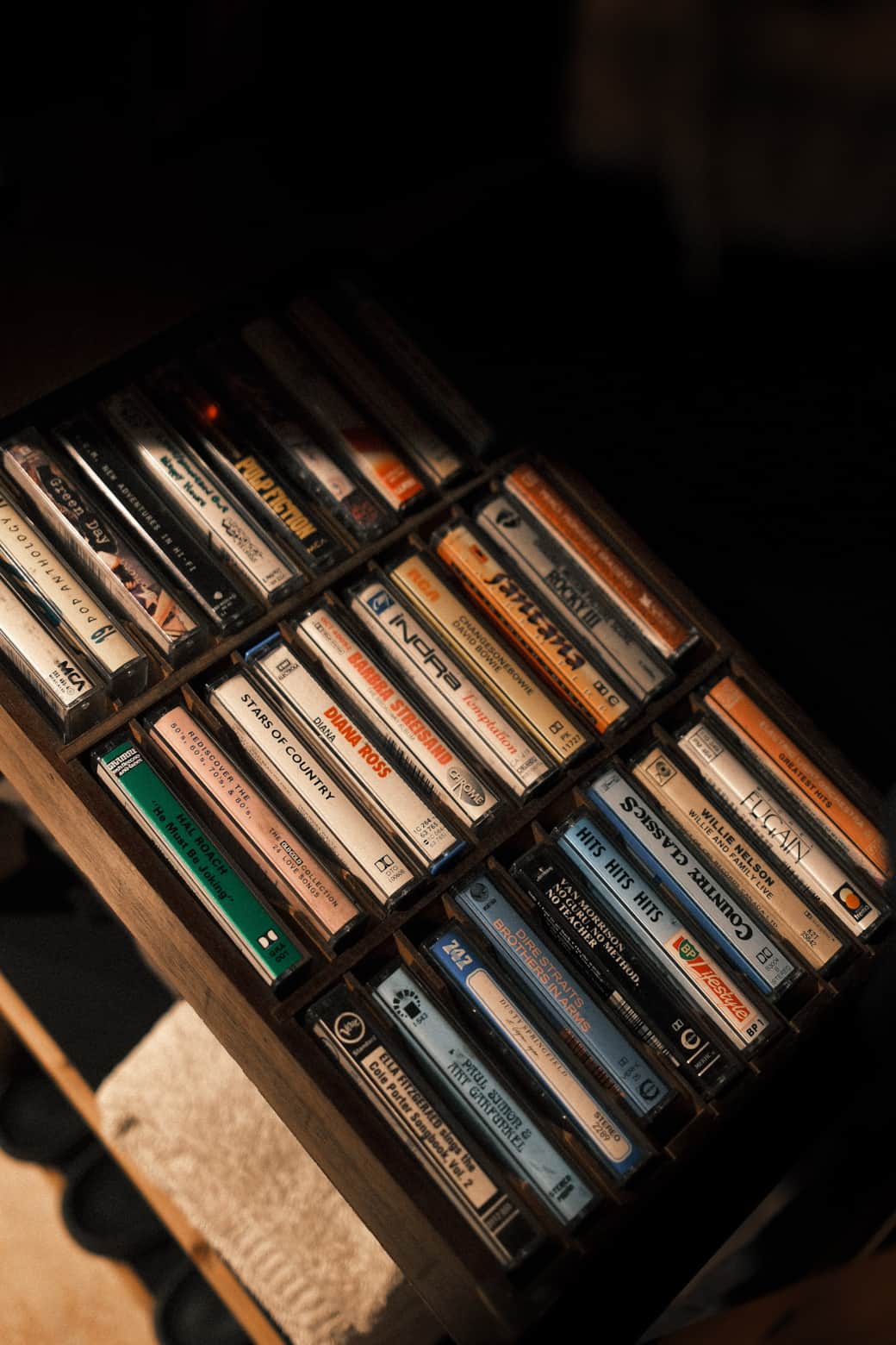 Vintage cassette tape collection wooden rack cosy cabin