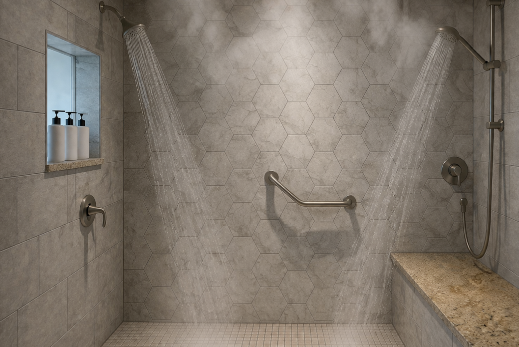 Dual shower head with bench